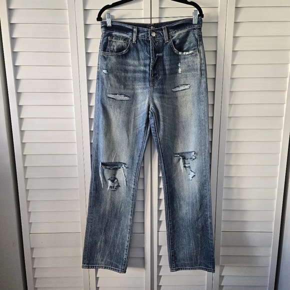 7 For All Mankind Blue Easy Straight Distressed Denim Jeans Size 28 - Picture 2 of 14